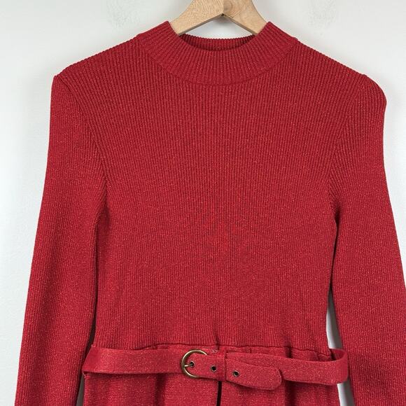 Free People Revolve French Girl Dress M Red Sparkle Knit Holiday Christmas Belt - Picture 3 of 12